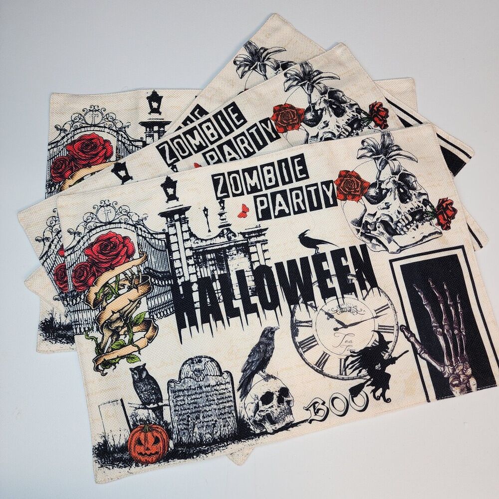Halloween Theme Place Mats 4 Pack Roses Crows Skulls Spooky Zombie Party 18x12"